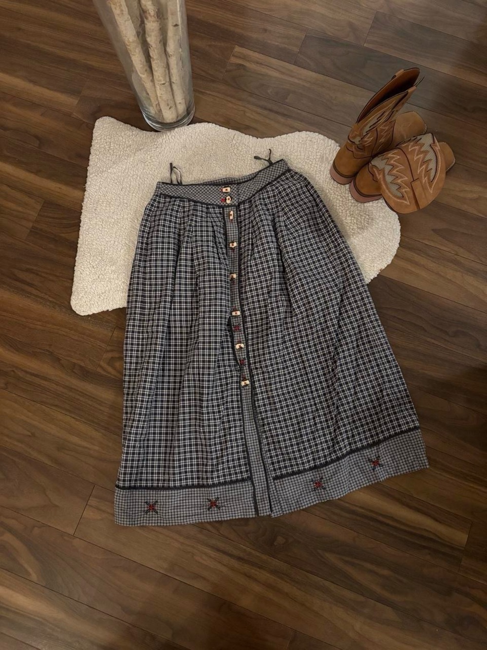 🌙VINTAGE PLAID BUTTON FRONT MIDI SKIRT
